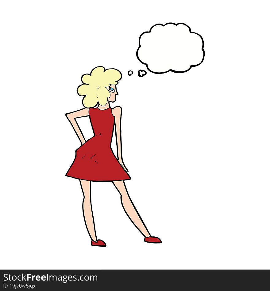 cartoon woman posing in dress with thought bubble