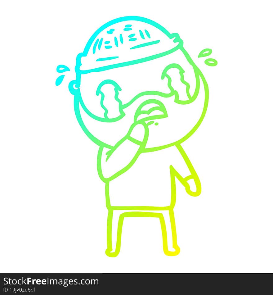 Cold Gradient Line Drawing Cartoon Bearded Man Crying