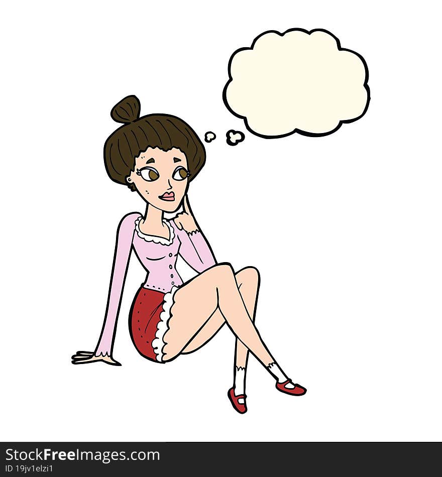 cartoon attractive woman sitting thinking with thought bubble