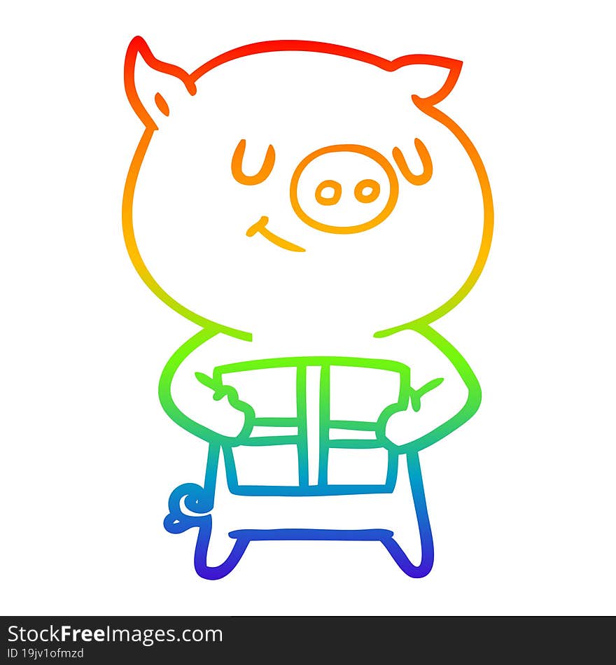 rainbow gradient line drawing happy cartoon pig with christmas present