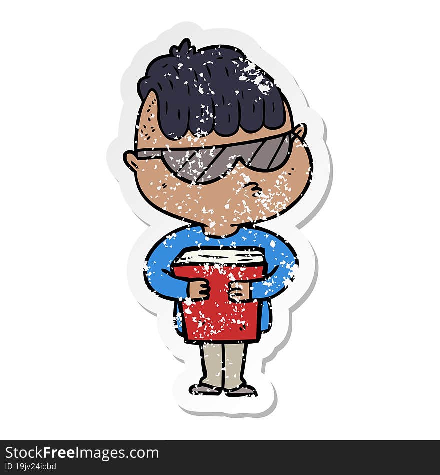 distressed sticker of a cartoon boy wearing sunglasses