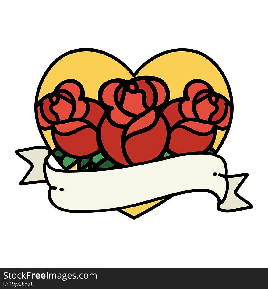 tattoo in traditional style of a heart and banner with flowers. tattoo in traditional style of a heart and banner with flowers