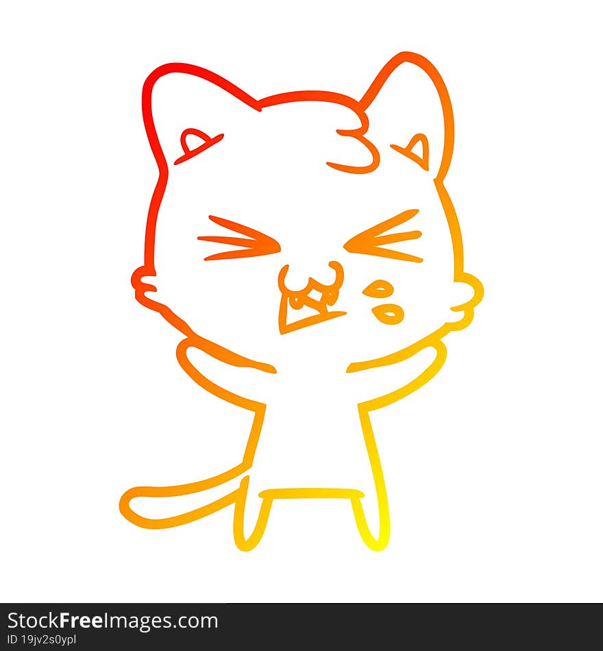 warm gradient line drawing of a cartoon cat hissing