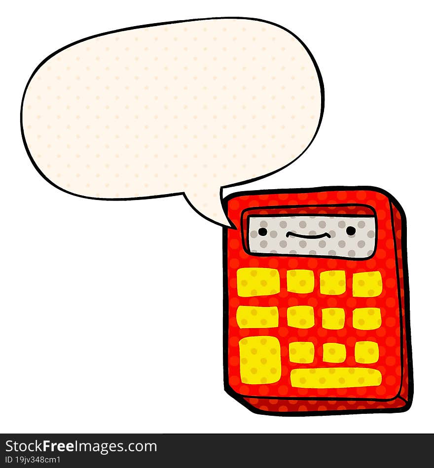 cartoon calculator and speech bubble in comic book style