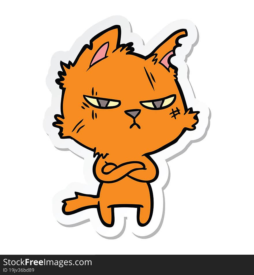 sticker of a tough cartoon cat folding arms