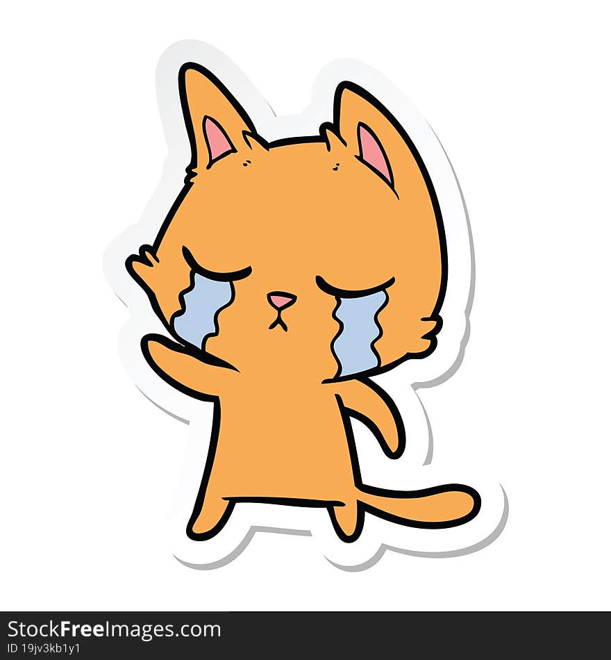 sticker of a crying cartoon cat pointing