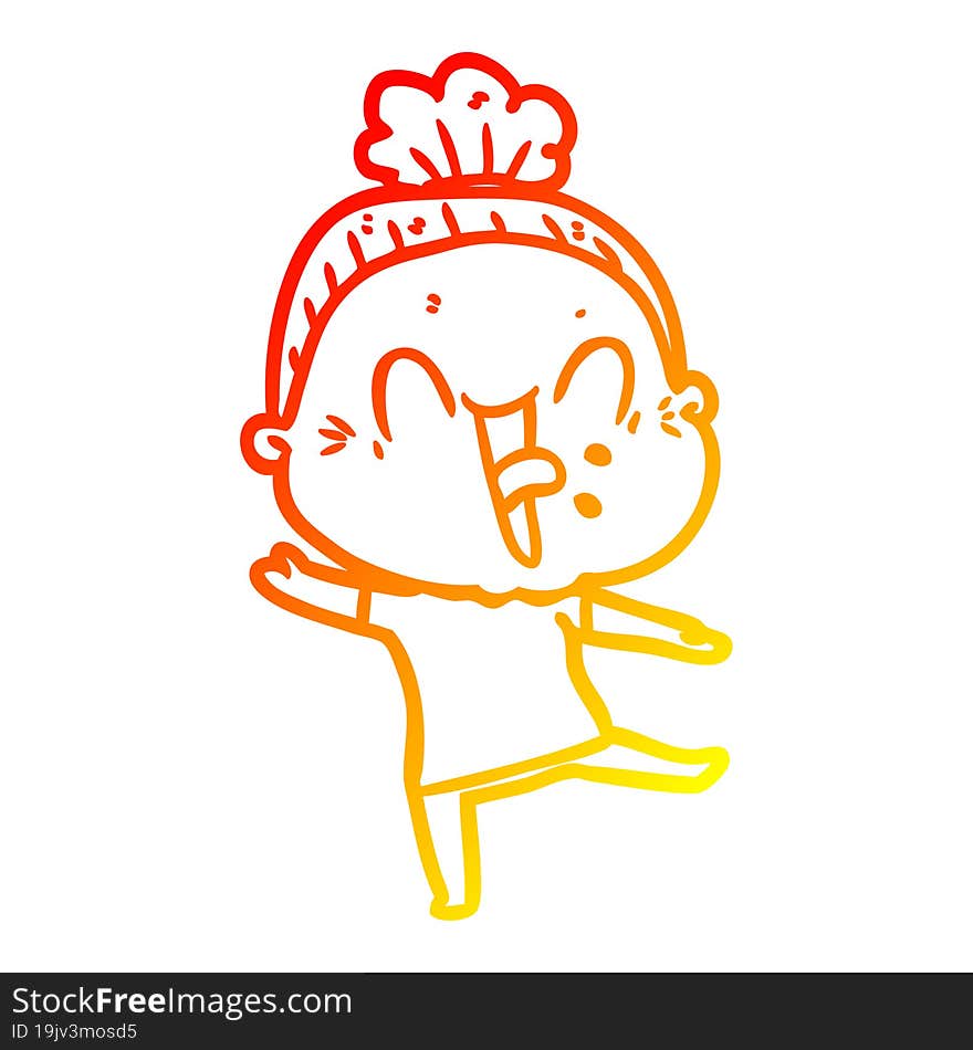 warm gradient line drawing of a cartoon happy old woman