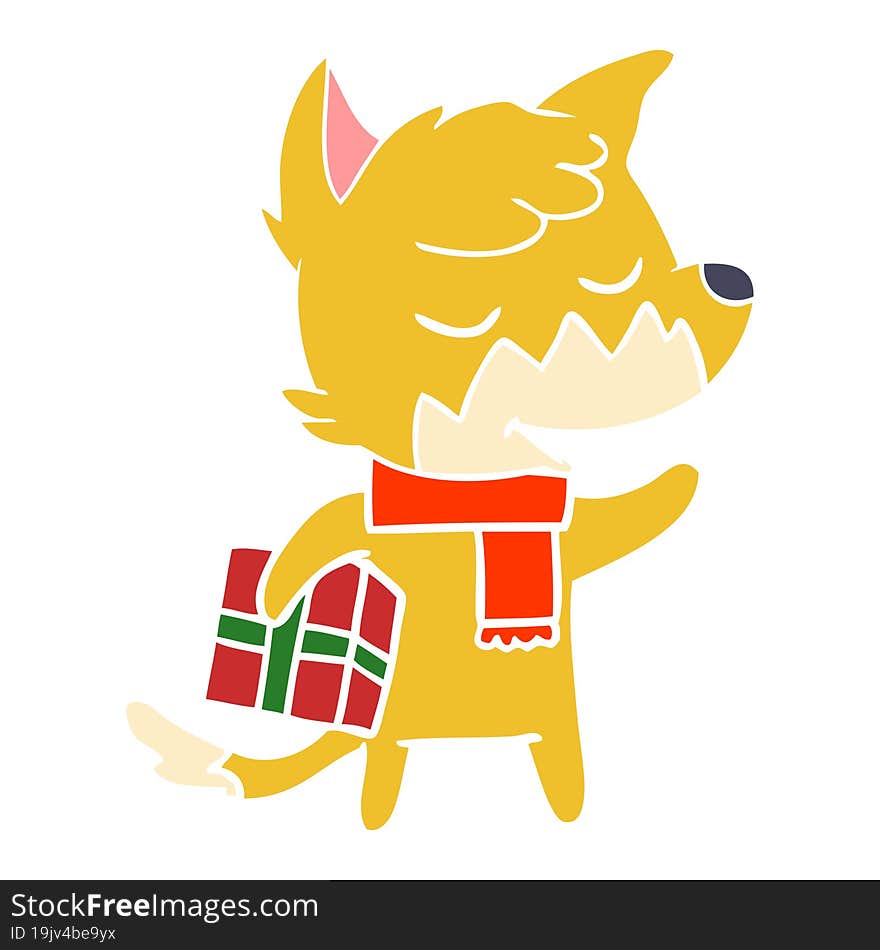 friendly flat color style cartoon fox with christmas present