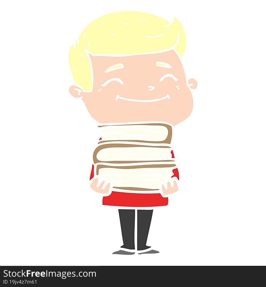 happy flat color style cartoon man with stack of books