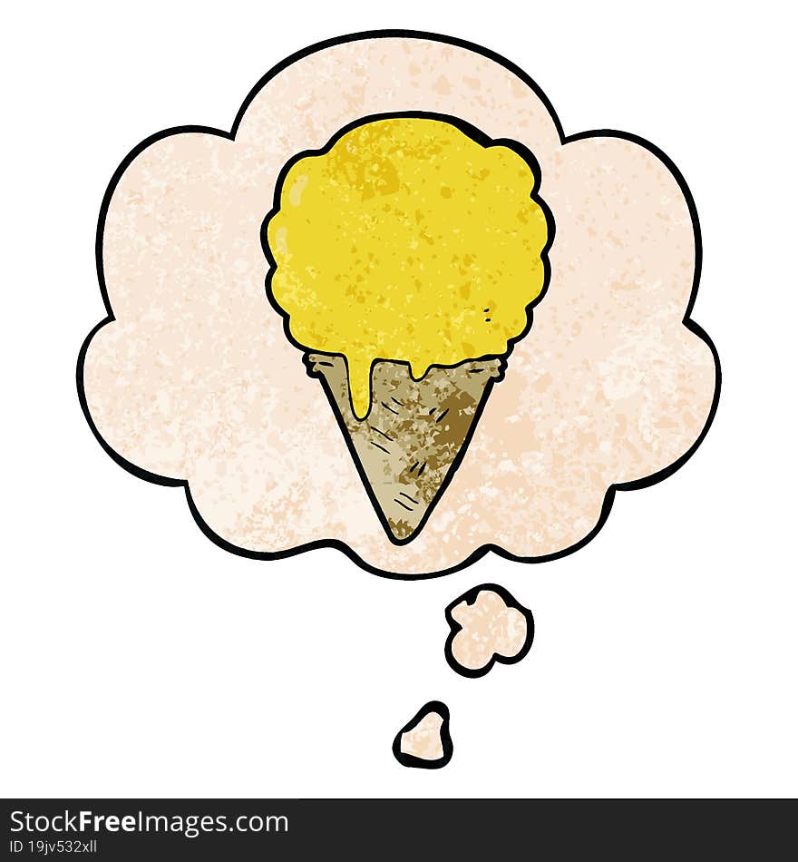 cartoon ice cream and thought bubble in grunge texture pattern style