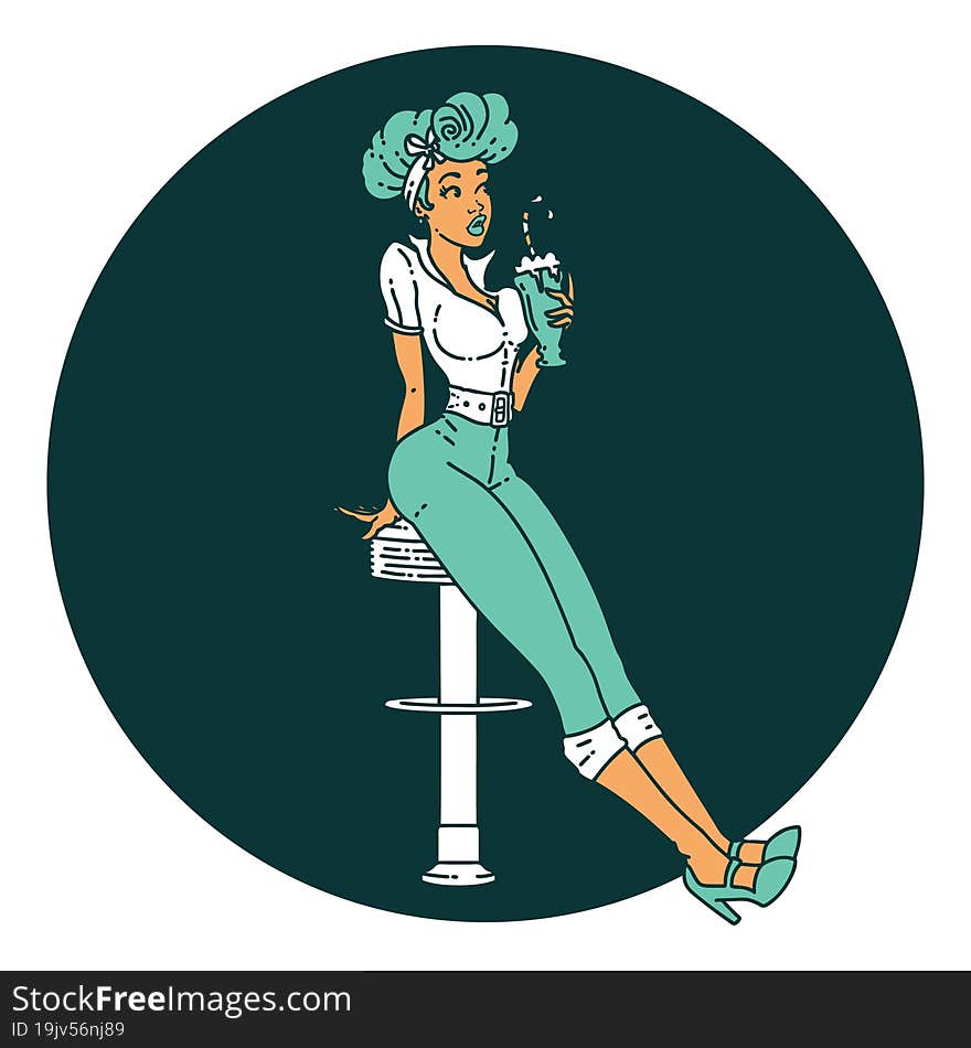 tattoo in traditional style of a pinup girl drinking a milkshake. tattoo in traditional style of a pinup girl drinking a milkshake