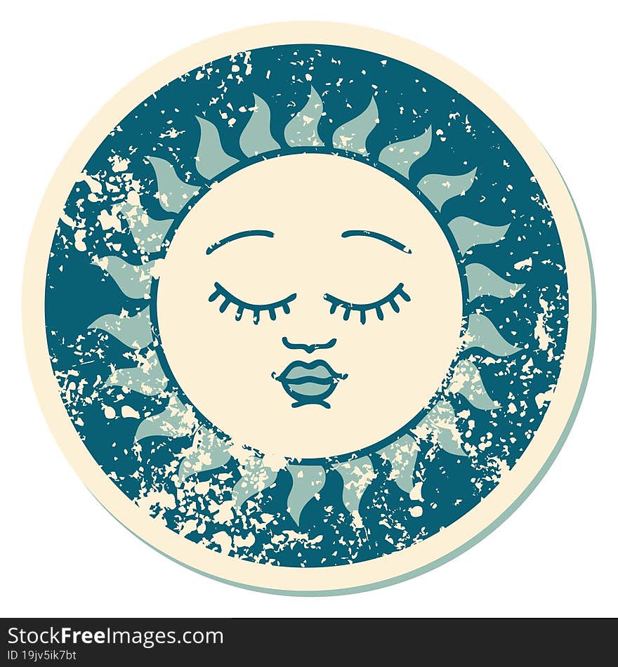 distressed sticker tattoo style icon of a sun with face