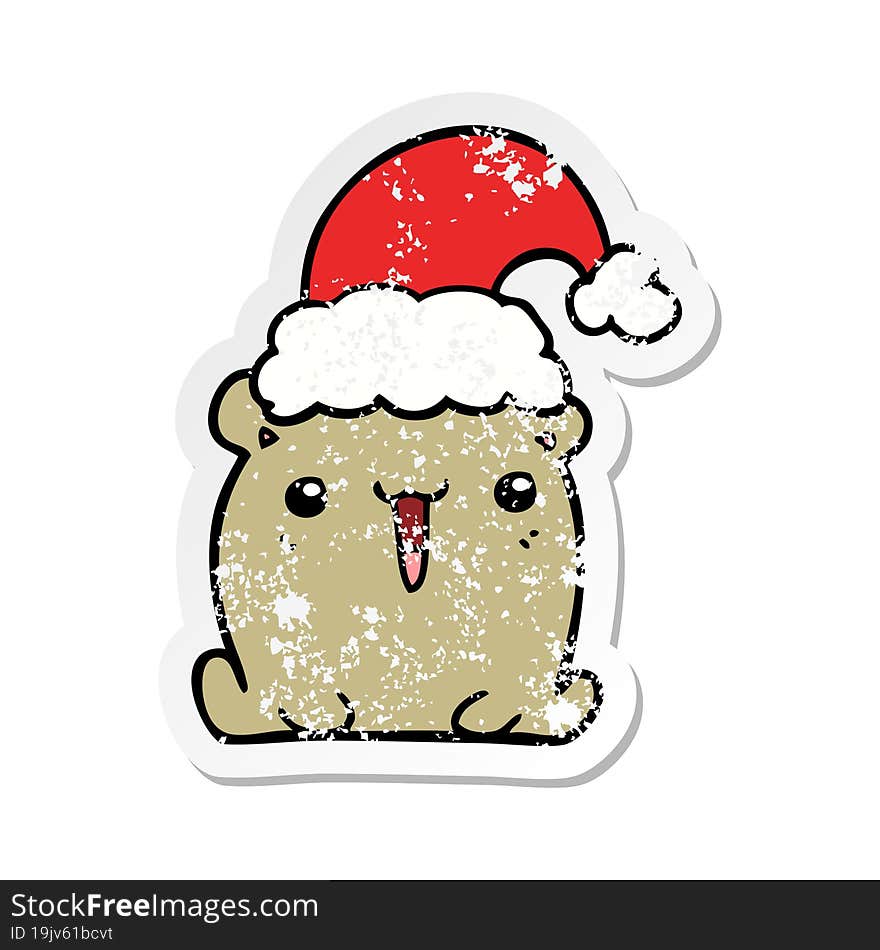 Distressed Sticker Of A Cute Cartoon Bear With Christmas Hat