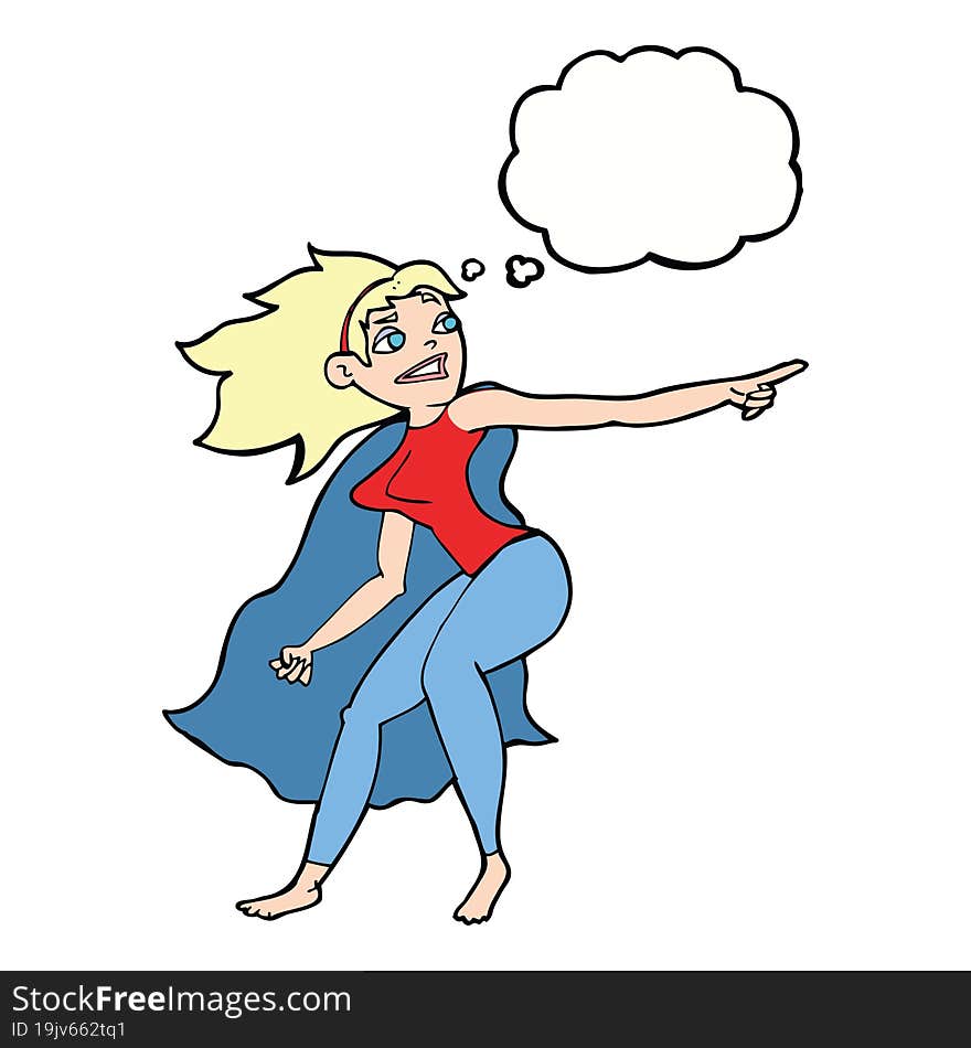 Cartoon Superhero Woman Pointing With Thought Bubble