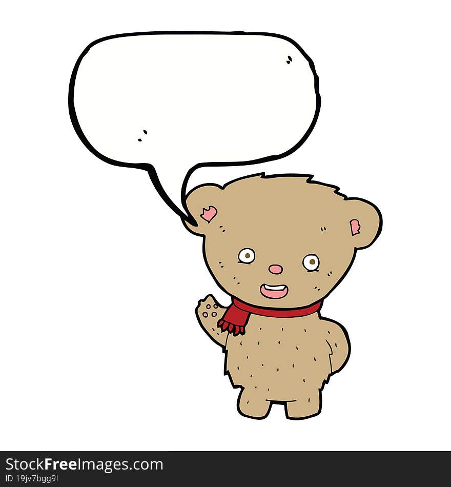 cartoon teddy bear waving with speech bubble