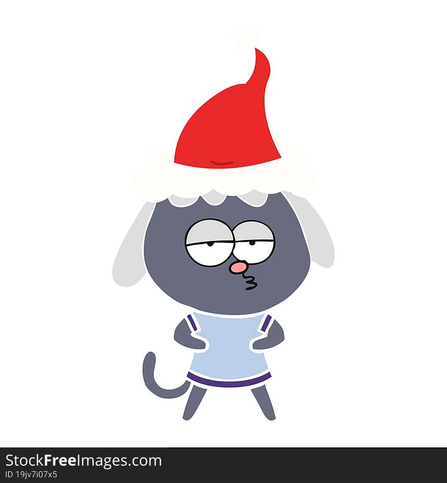 flat color illustration of a bored dog wearing santa hat