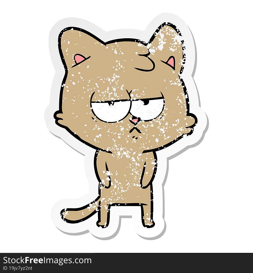 distressed sticker of a bored cartoon cat