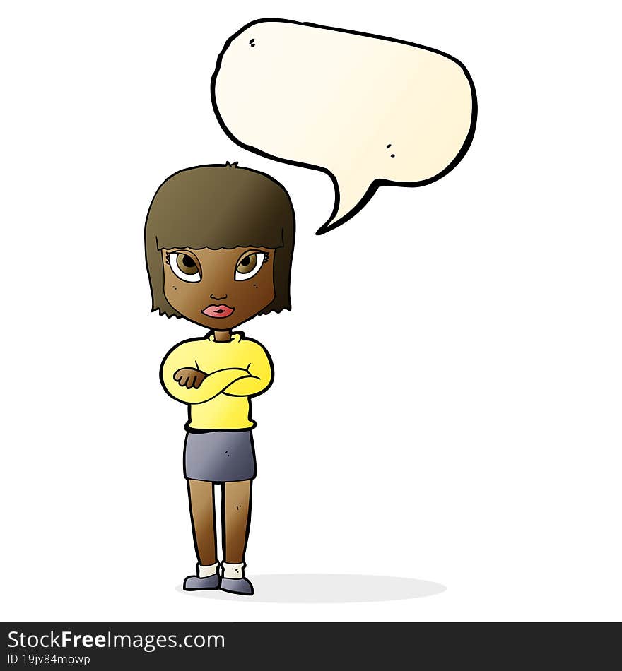 cartoon woman with crossed arms with speech bubble