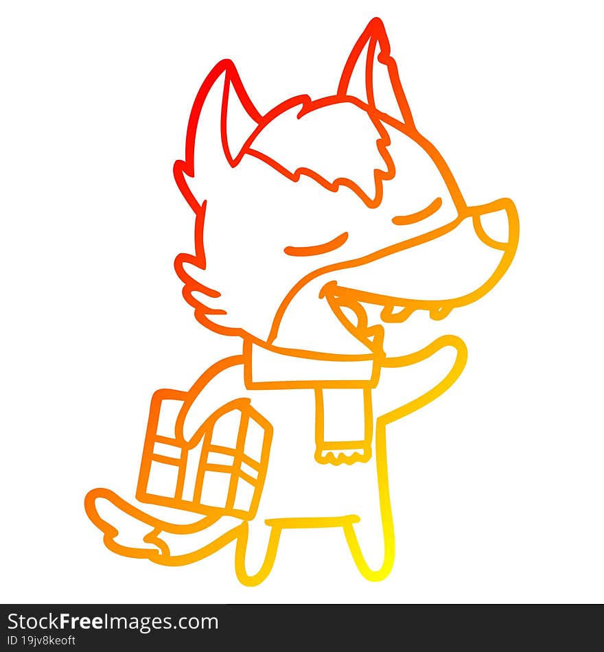 warm gradient line drawing cartoon wolf with christmas present laughing