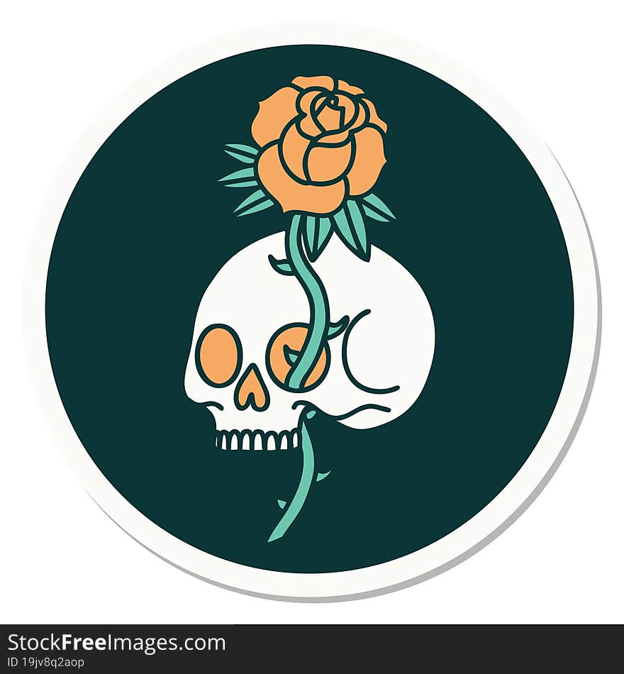 sticker of tattoo in traditional style of a skull and rose. sticker of tattoo in traditional style of a skull and rose