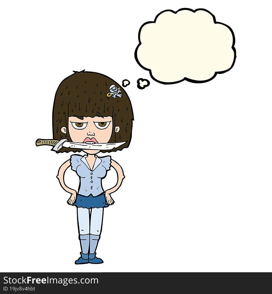 cartoon woman with knife between teeth with thought bubble