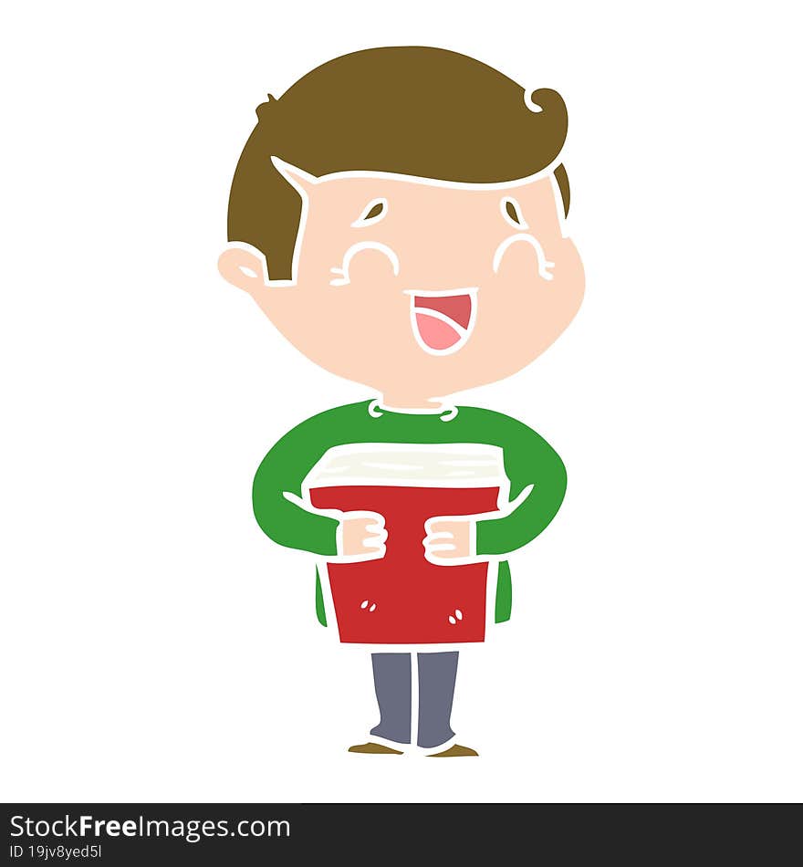 flat color style cartoon laughing man holding book