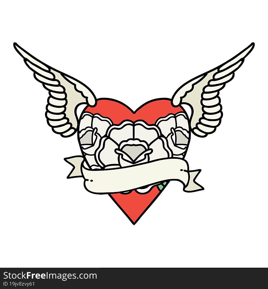 Traditional Tattoo Of A Heart With Wings Flowers And Banner