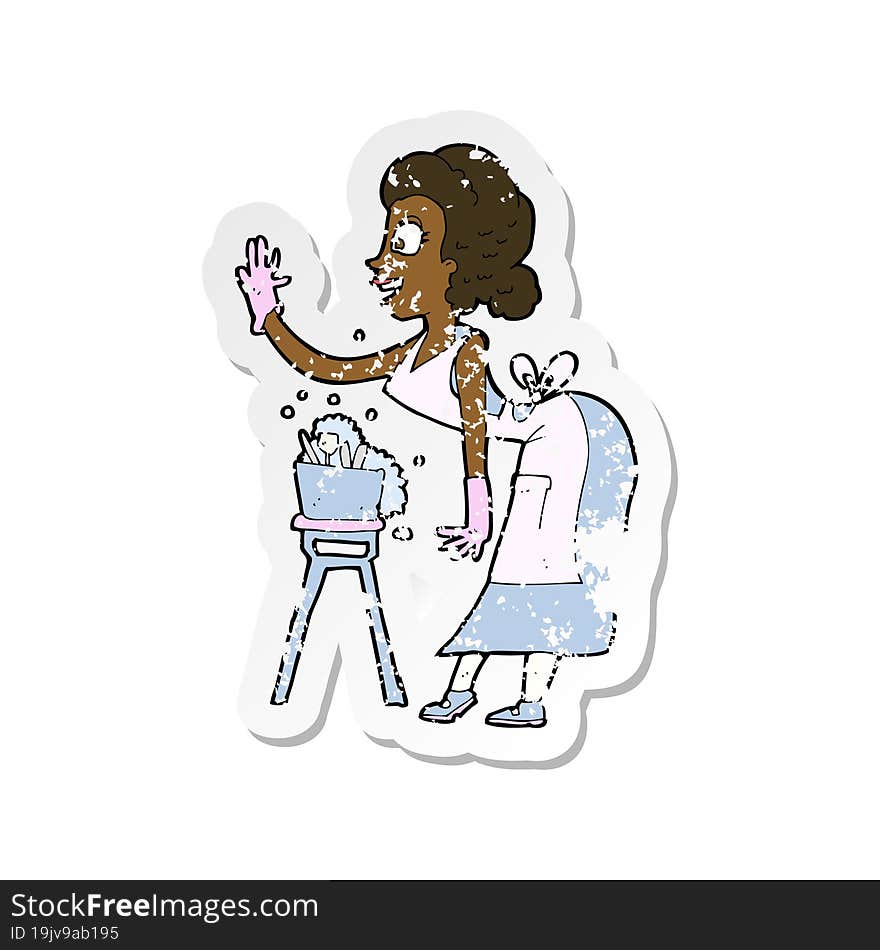 retro distressed sticker of a cartoon housewife washing up