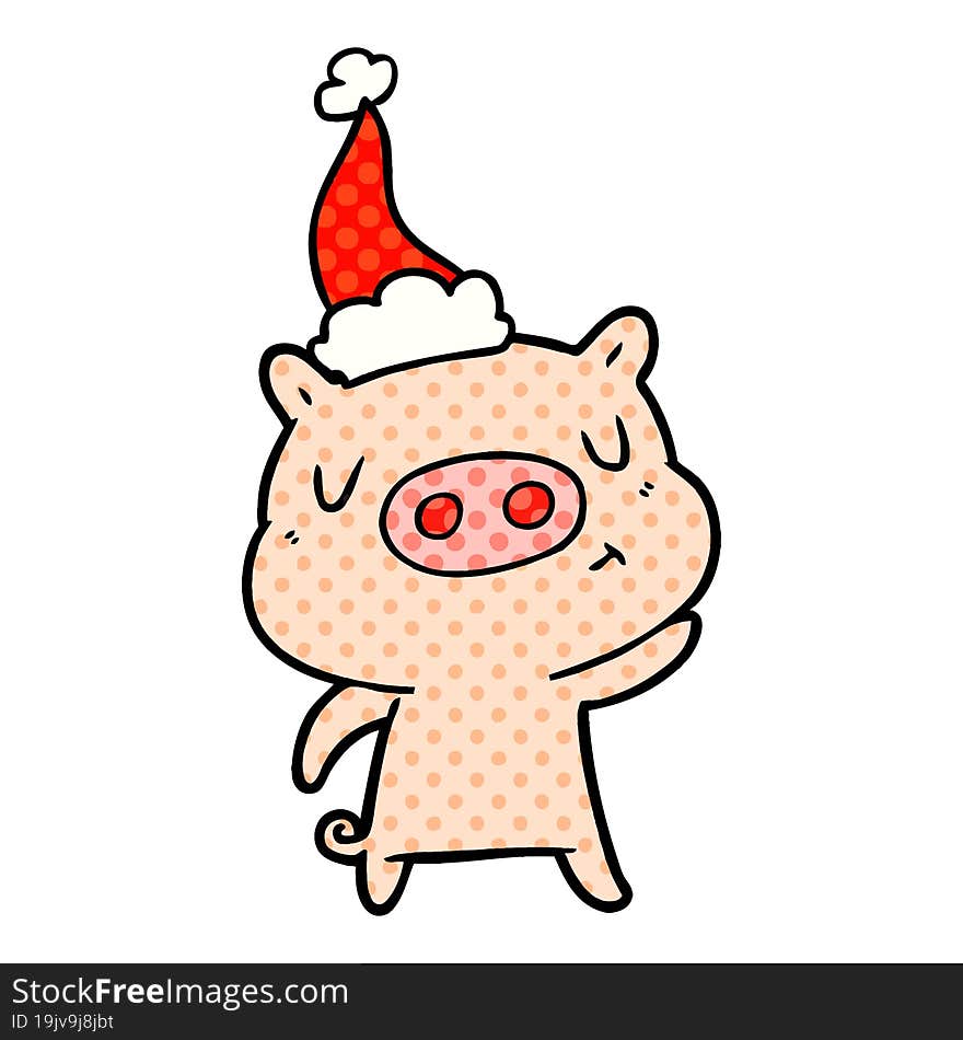 comic book style illustration of a content pig wearing santa hat