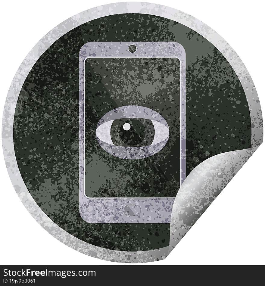 cell phone watching you graphic vector illustration circular sticker. cell phone watching you graphic vector illustration circular sticker