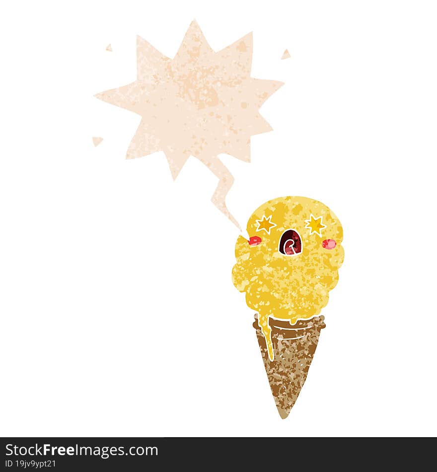 cartoon shocked ice cream and speech bubble in retro textured style