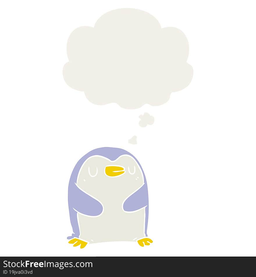 cartoon penguin with thought bubble in retro style