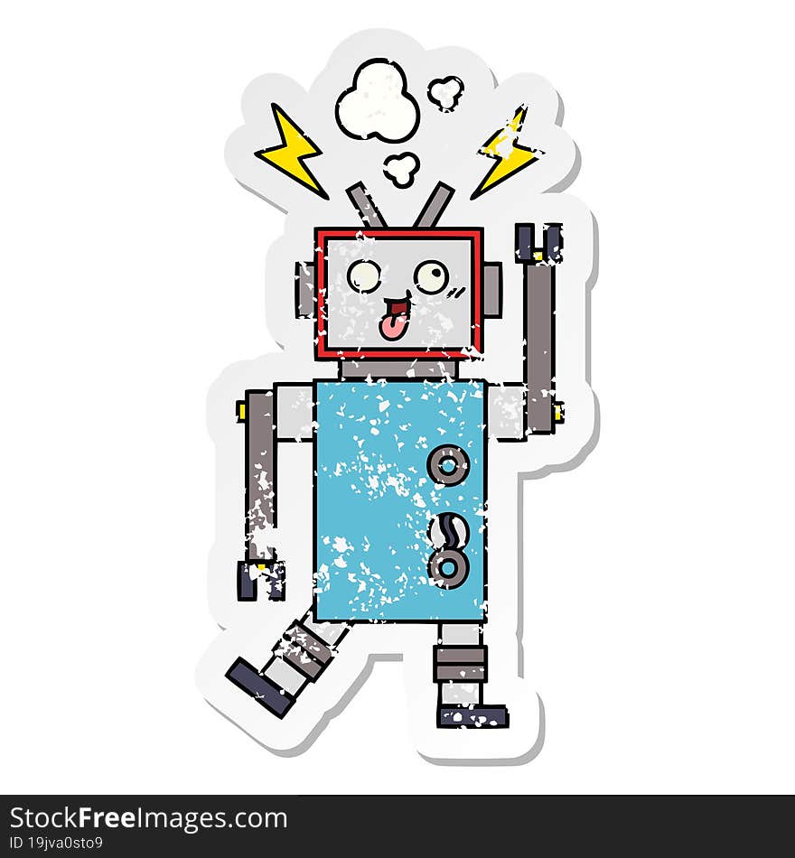 distressed sticker of a cute cartoon crazy broken robot