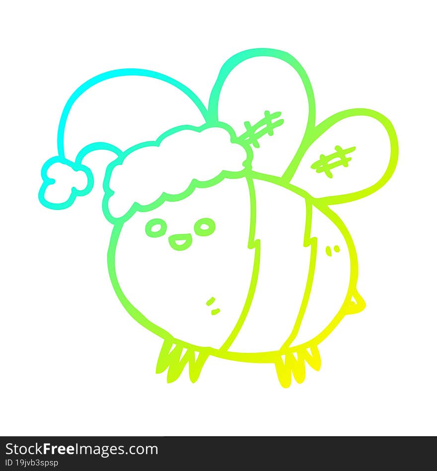 cold gradient line drawing of a cute cartoon bee wearing christmas hat