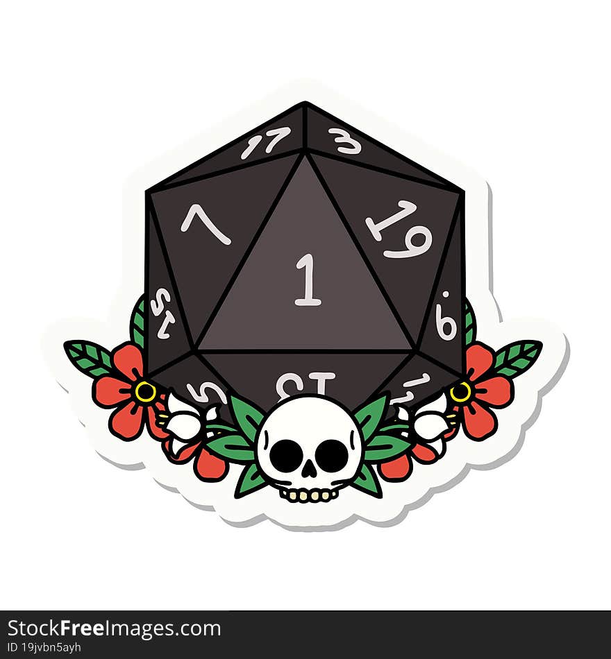 natural one dice roll with floral elements sticker