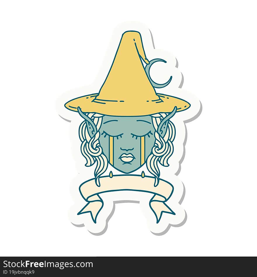 sticker of a crying elf mage character face wiht banner. sticker of a crying elf mage character face wiht banner