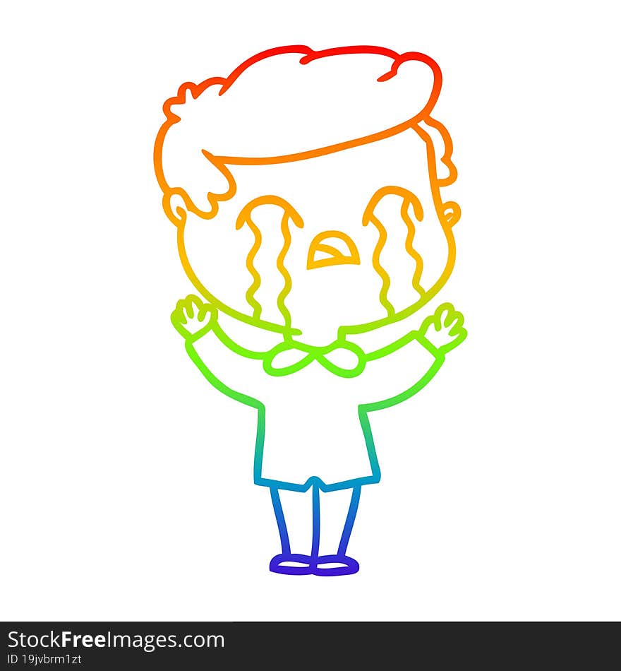 rainbow gradient line drawing of a cartoon man crying