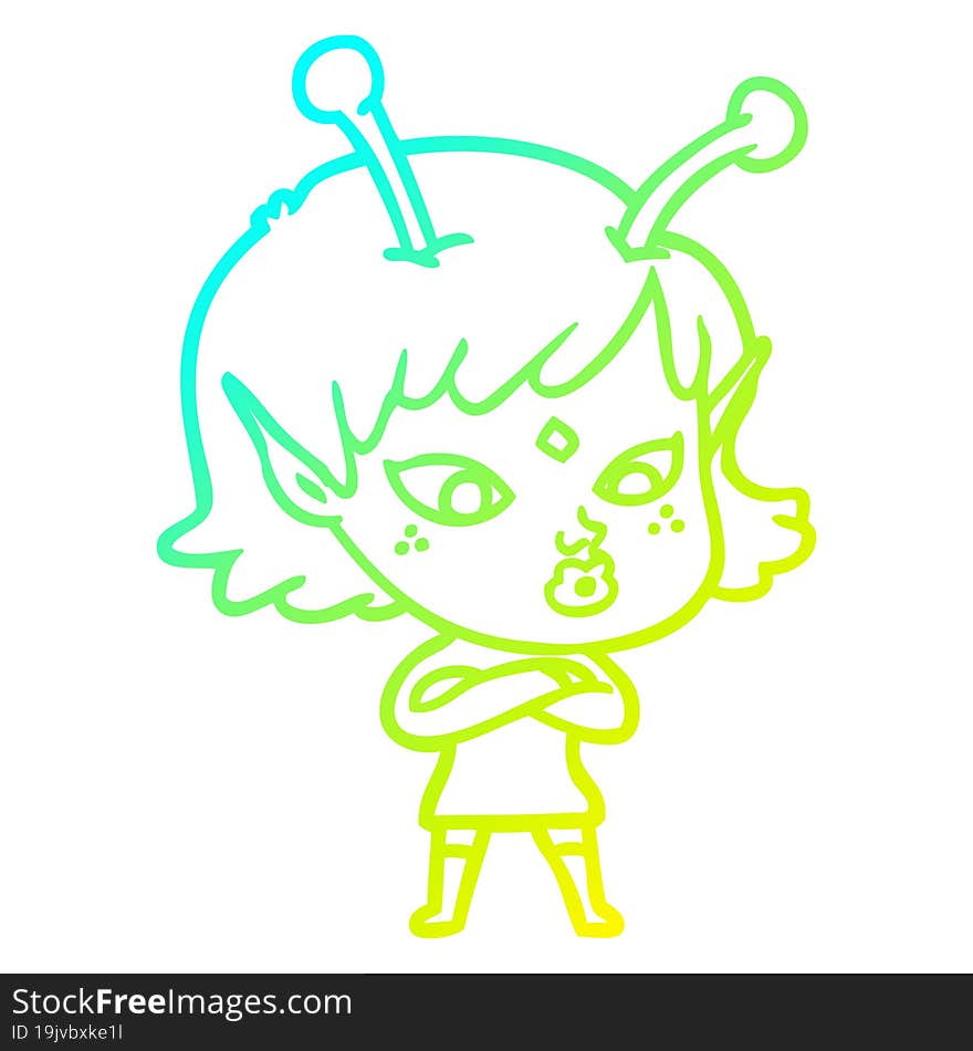 cold gradient line drawing pretty cartoon alien girl