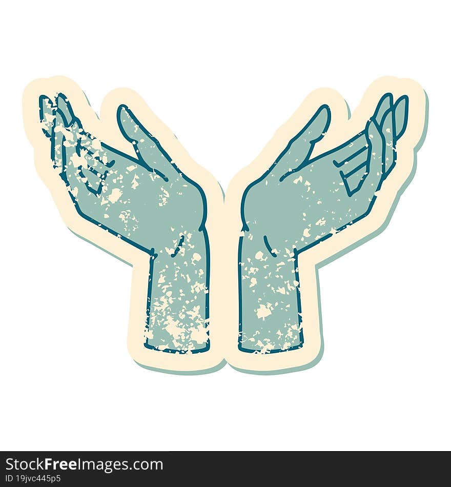 iconic distressed sticker tattoo style image of open hands. iconic distressed sticker tattoo style image of open hands