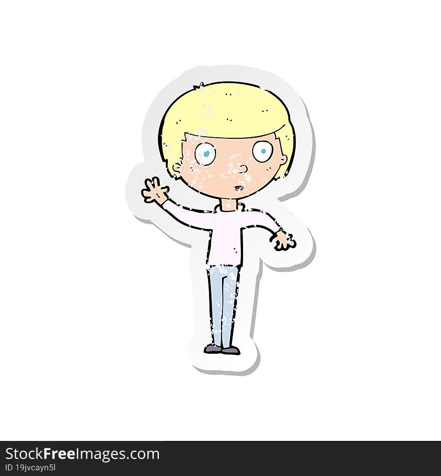 retro distressed sticker of a cartoon waving boy