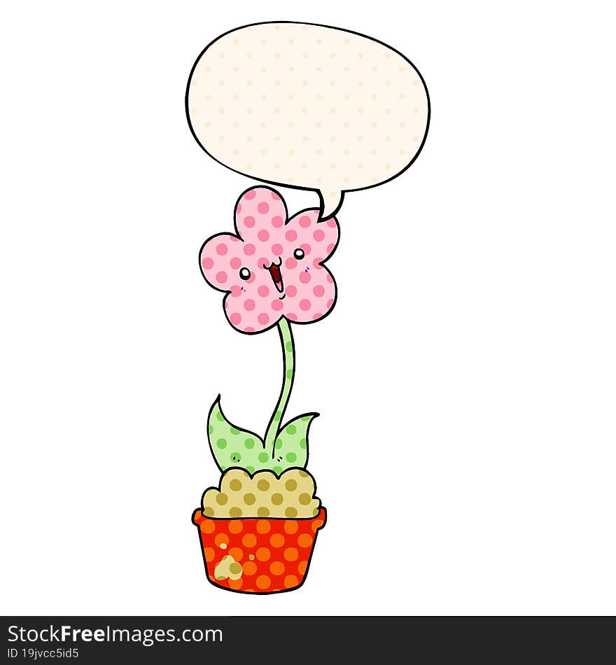 cute cartoon flower and speech bubble in comic book style