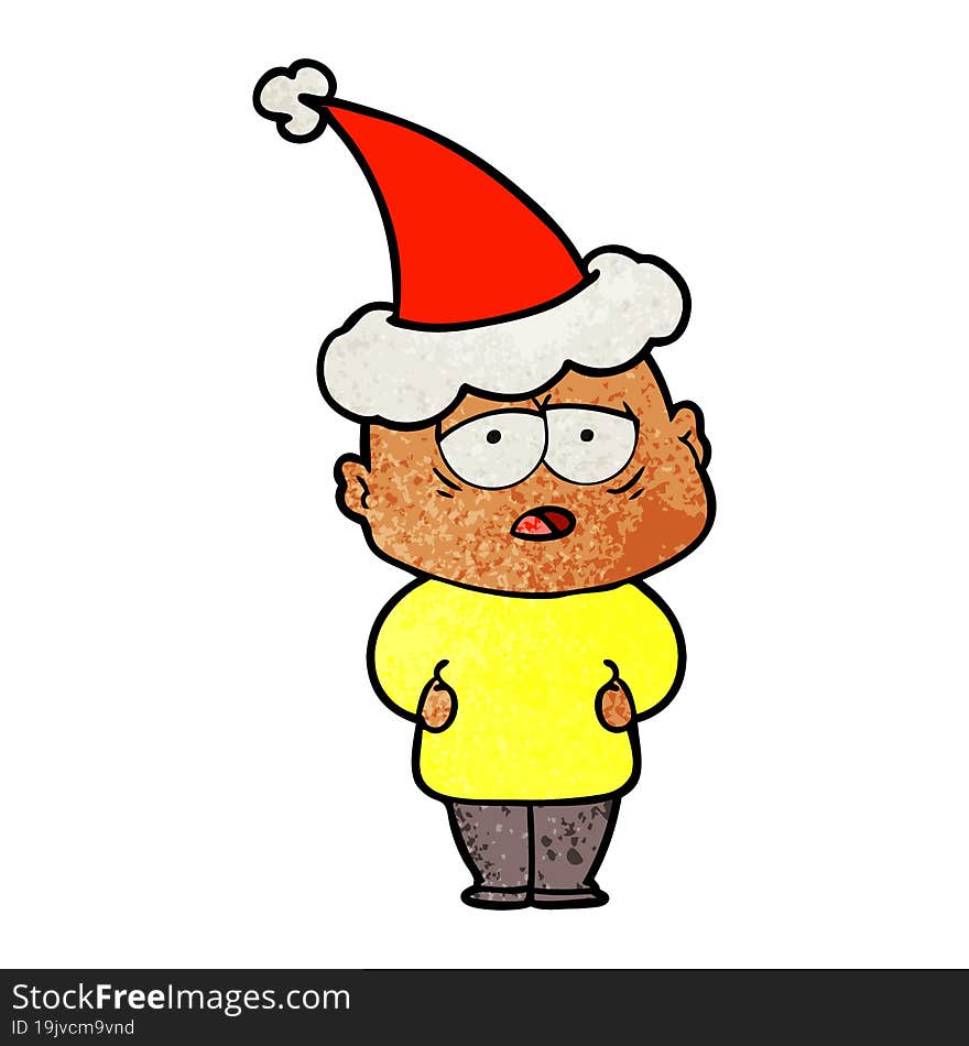 textured cartoon of a tired bald man wearing santa hat