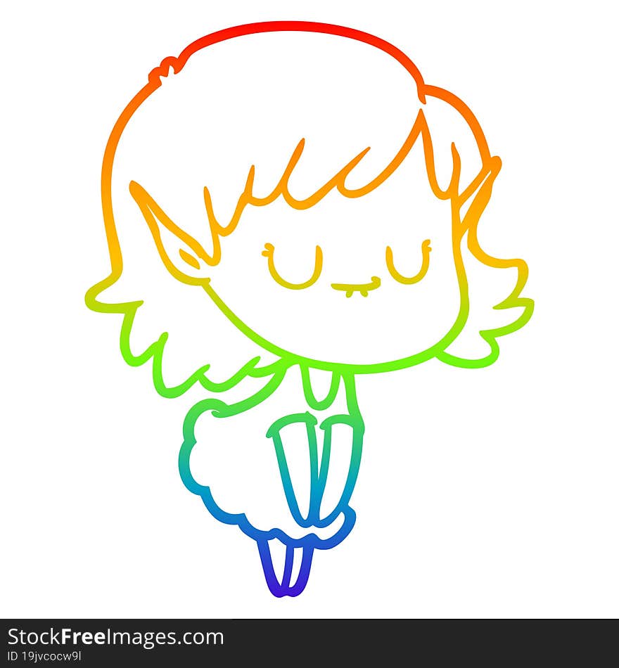 rainbow gradient line drawing happy cartoon elf girl wearing dress