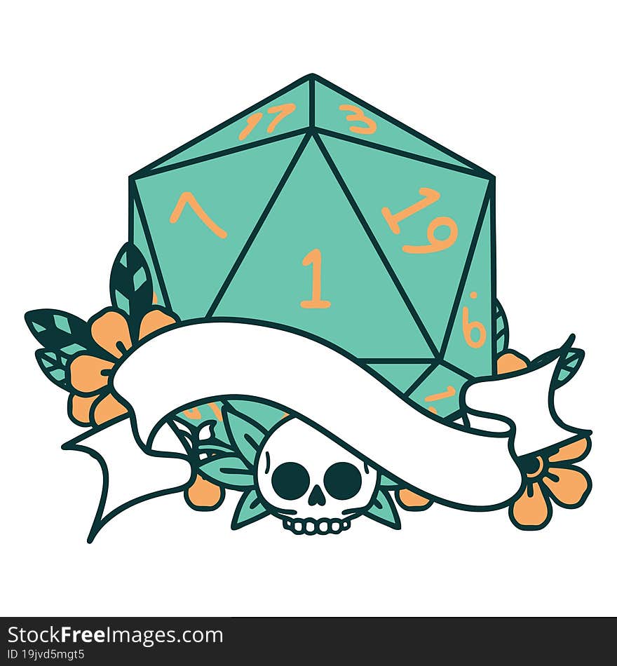 Retro Tattoo Style natural one d20 dice roll. Retro Tattoo Style natural one d20 dice roll