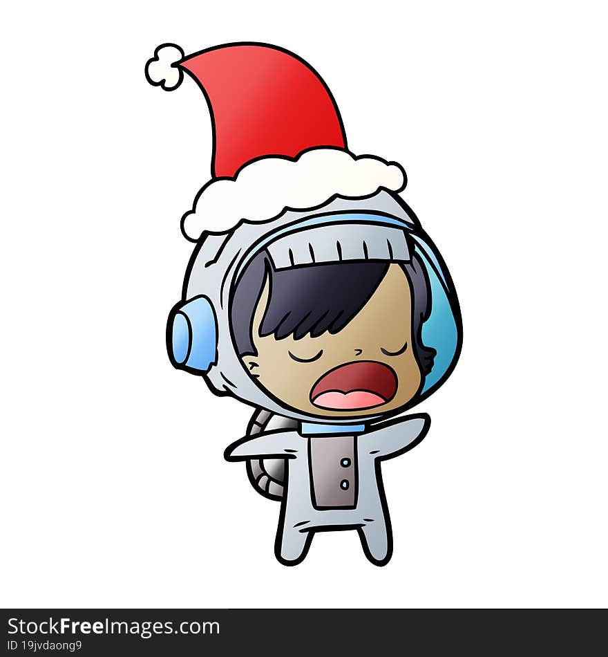 hand drawn gradient cartoon of a talking astronaut woman wearing santa hat