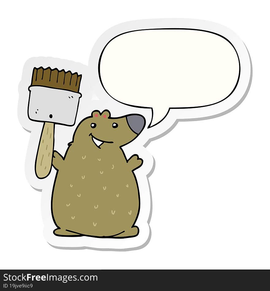 cartoon bear and paint brush and speech bubble sticker