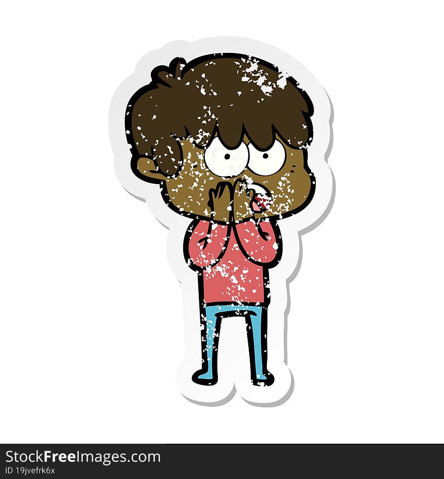 distressed sticker of a worried cartoon boy