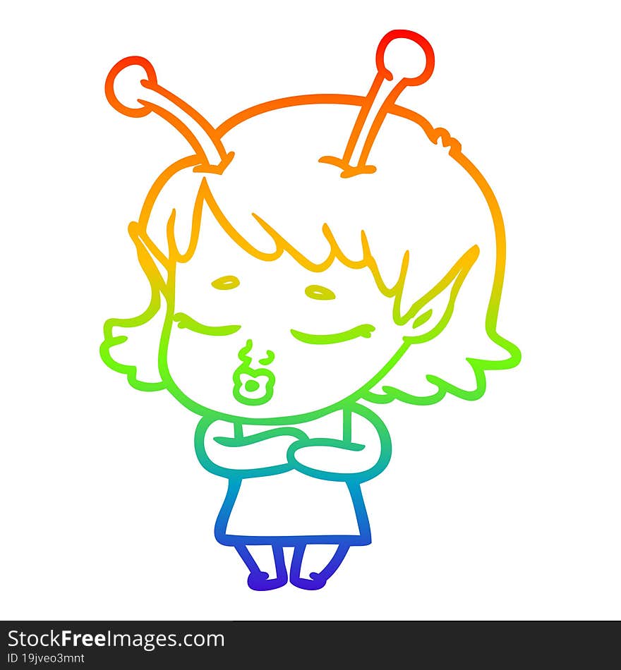 Rainbow Gradient Line Drawing Cute Alien Girl Cartoon