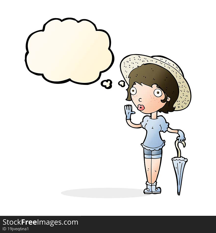 Cartoon Woman In Summer Hat Waving With Thought Bubble