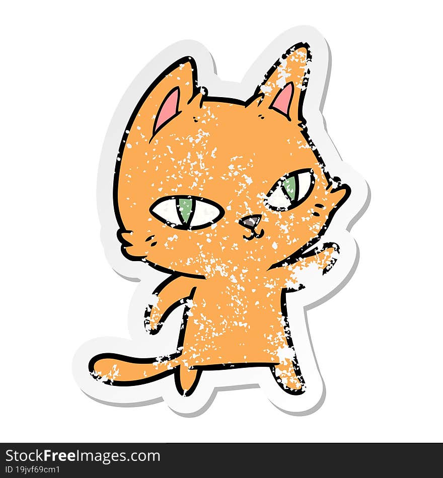 distressed sticker of a cartoon cat staring